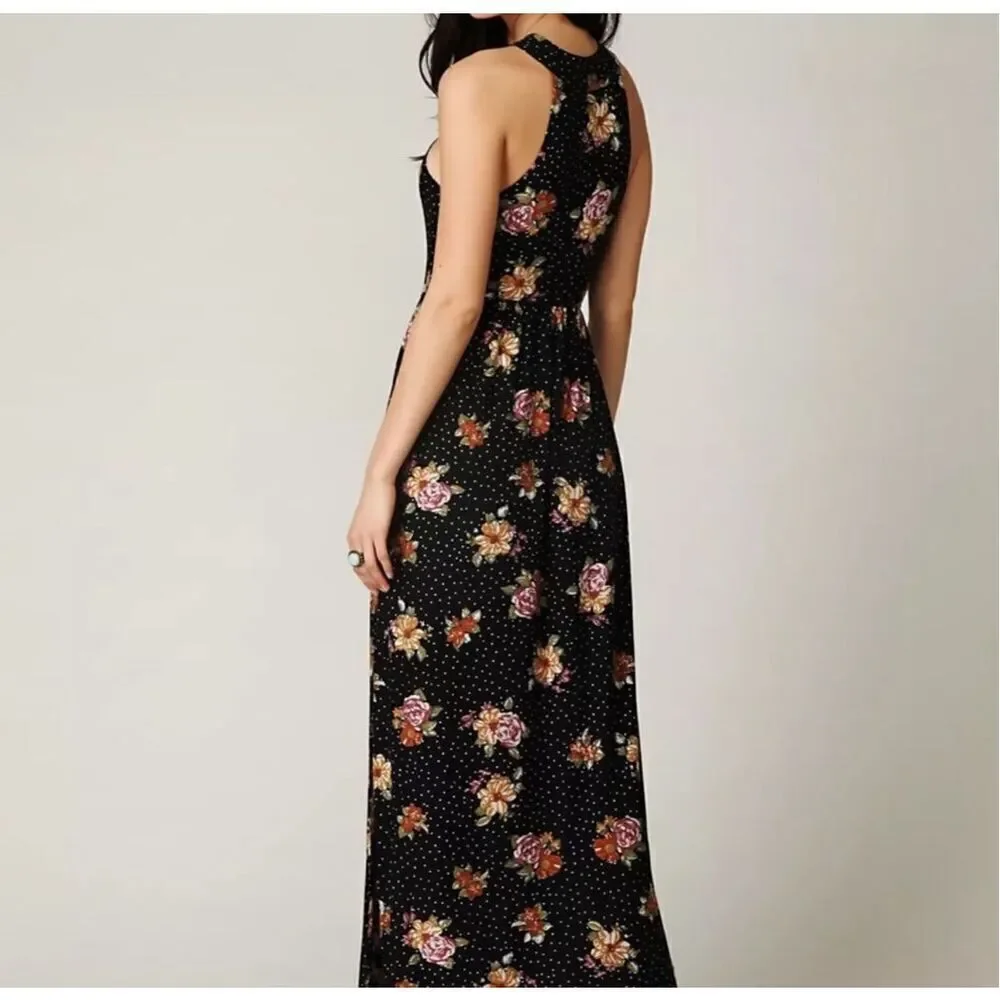 Free People Women's Maxi Dress Size SP Floral Print Sleeveless Cross Straps Boho